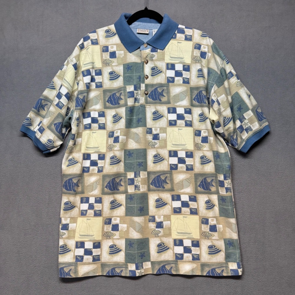 Bugle Boy Polo Shirt Vintage 90s Y2K Nautical Fish Boat Print L Blue Preppy